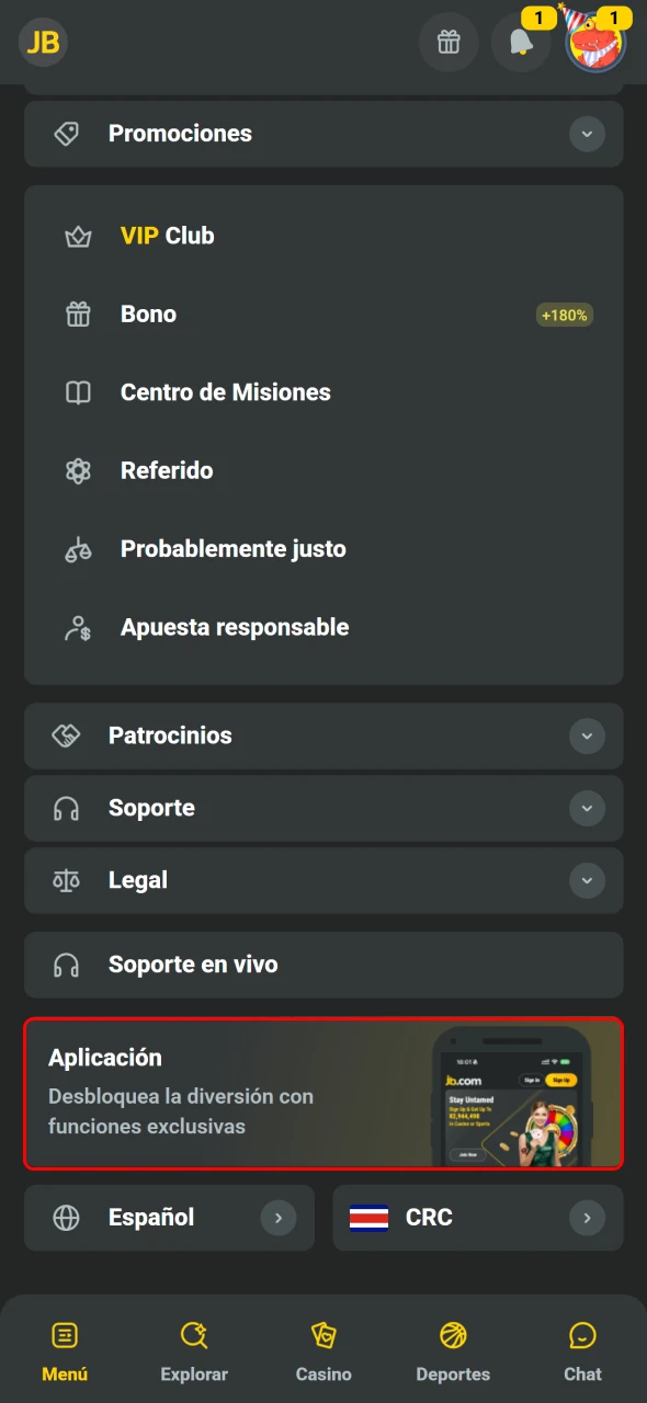 JB permite tocar el botón App para iniciar la descarga.