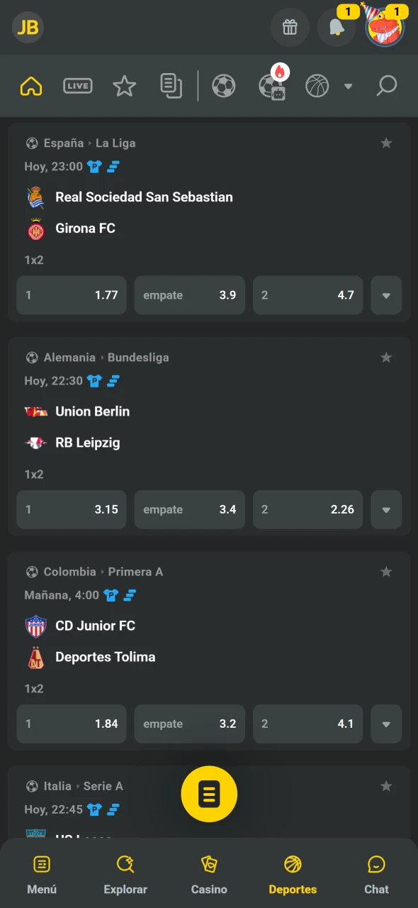 JB en Costa Rica permite elegir torneo o partido en Deportes.