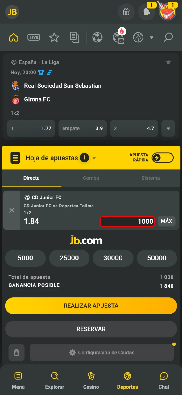 JB añade selecciones al cupón al tocar la cuota y ajustar monto.
