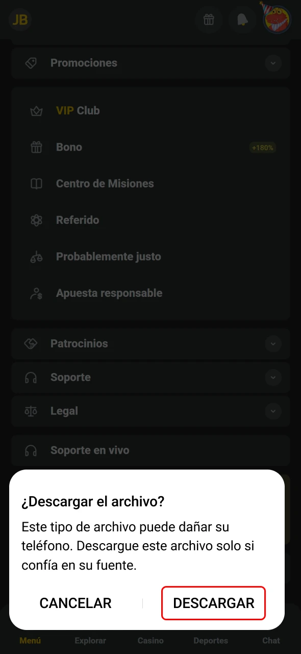 JB en Costa Rica confirma la solicitud emergente del APK.