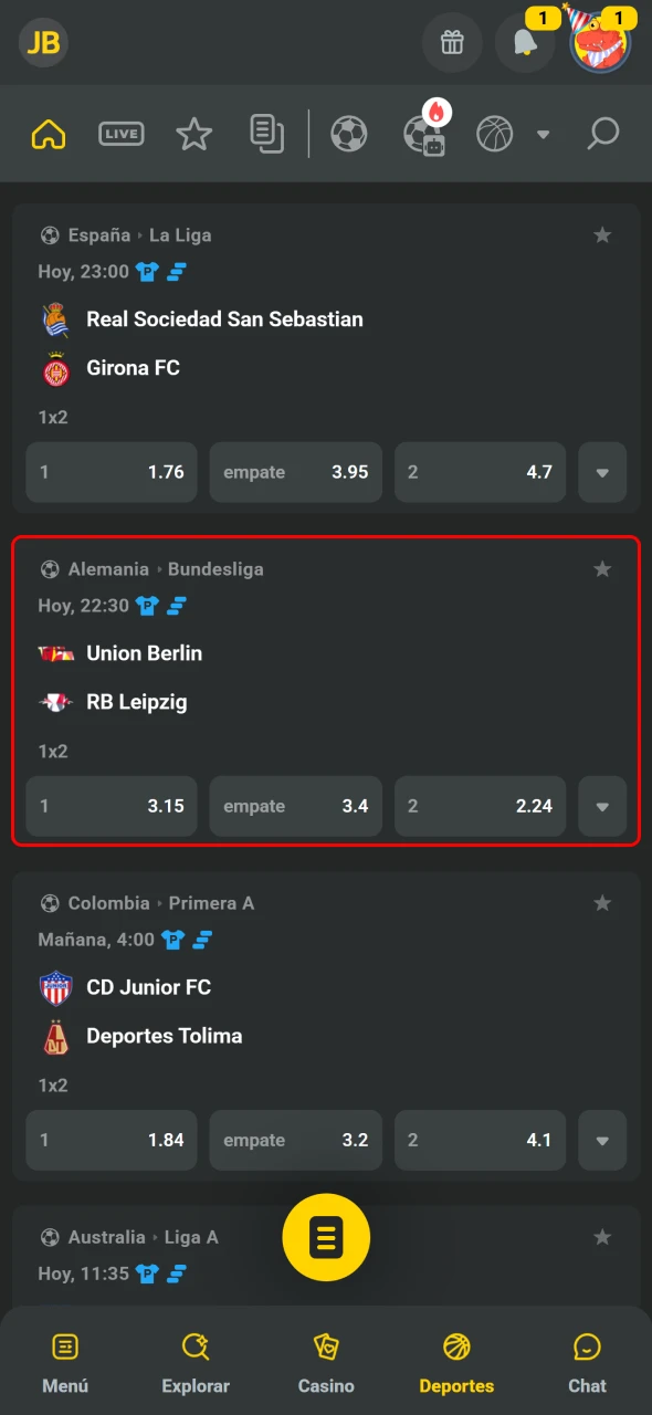 JB en Costa Rica deja elegir evento y mercado favorito.