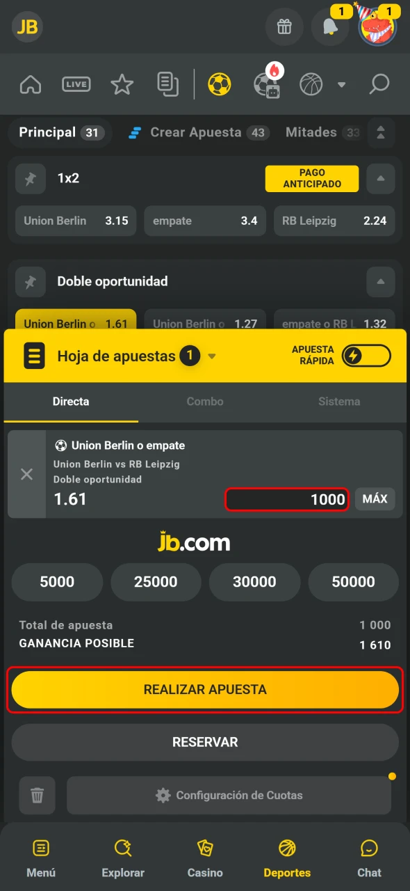 JB para apostadores ticos solicita ingresar monto y confirmar.