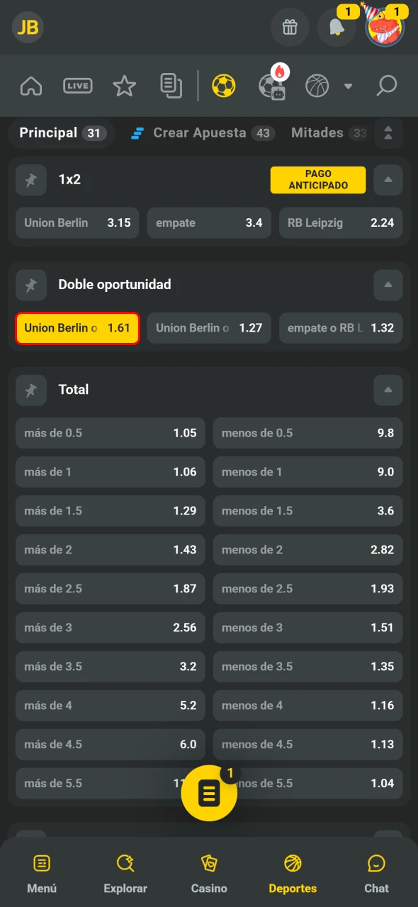 JB añade selecciones al cupón con solo tocar la cuota.