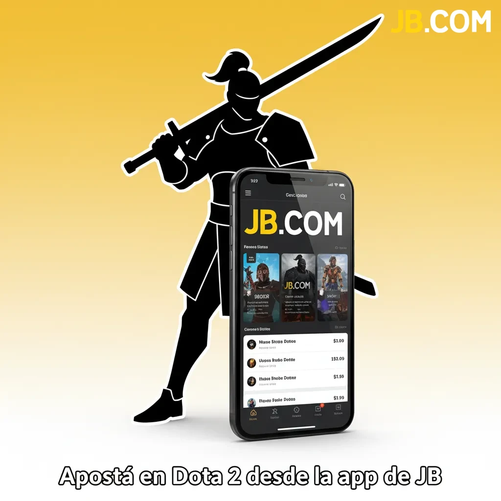 Pantalla de móvil con la app de JB apostando en Dota 2: kills, Roshan y objetivos en vivo, cuotas y notificaciones.