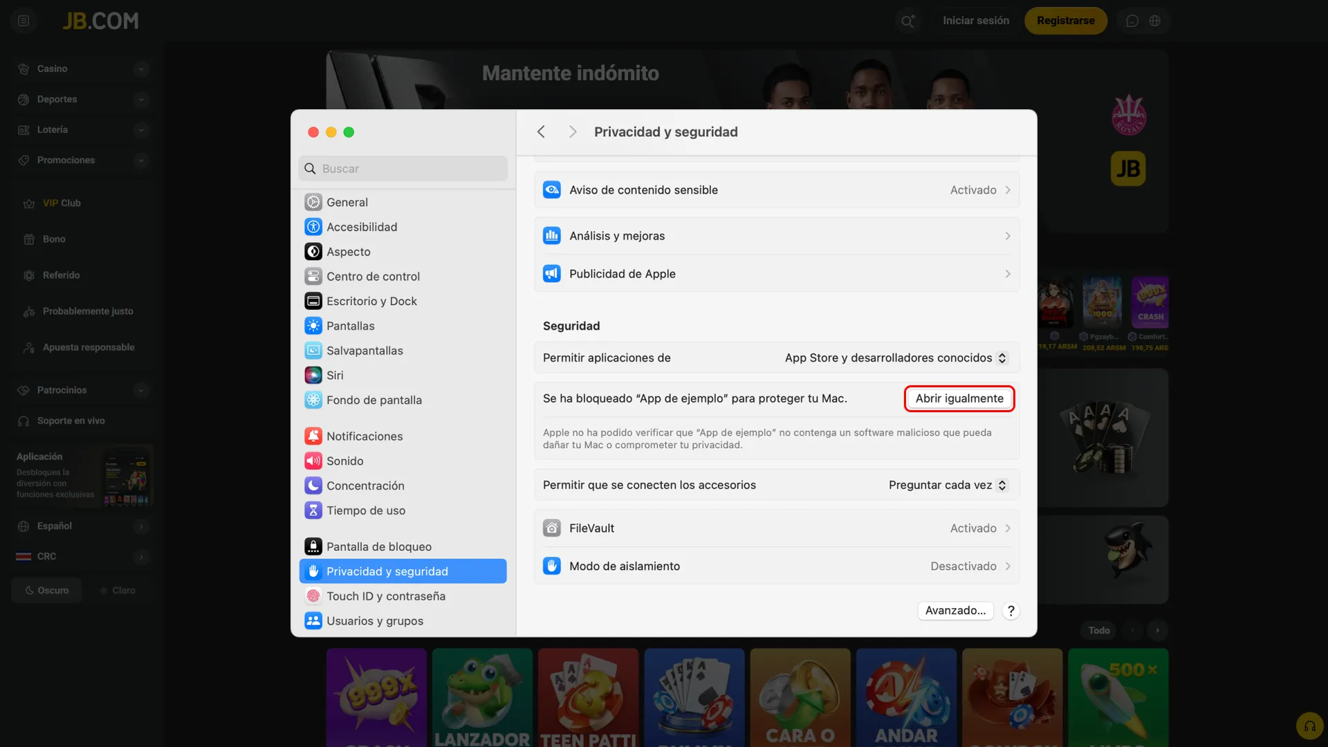 JB requiere permisos de seguridad para completar instalación.
