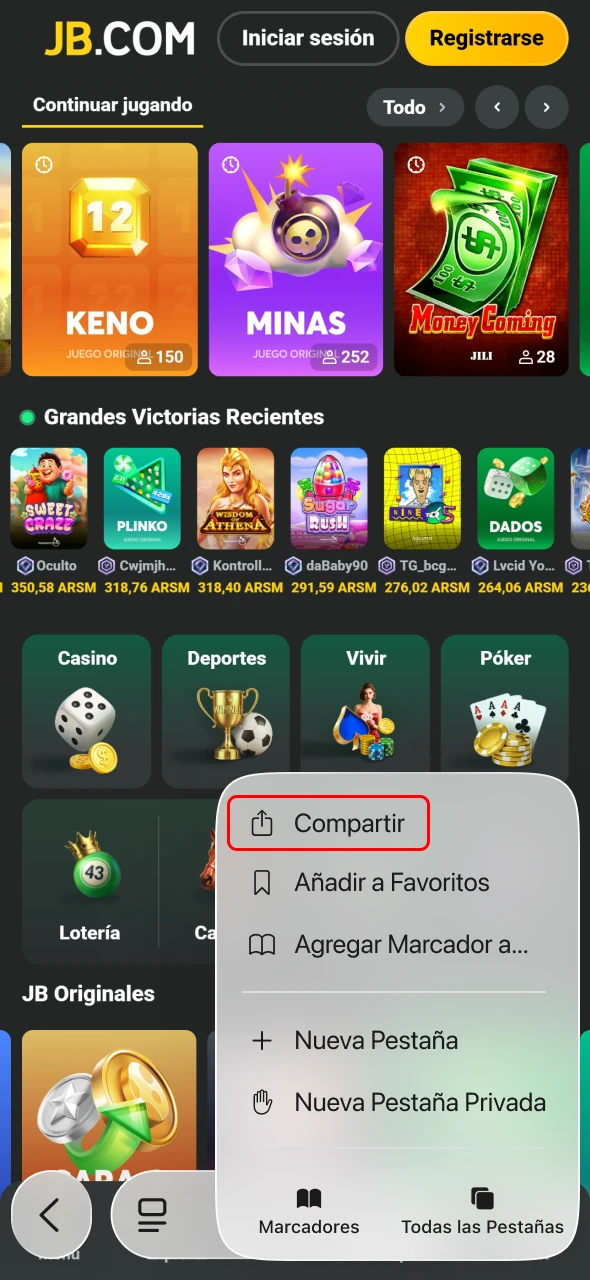 JB sugiere elegir Agregar a pantalla de inicio en iPhone.