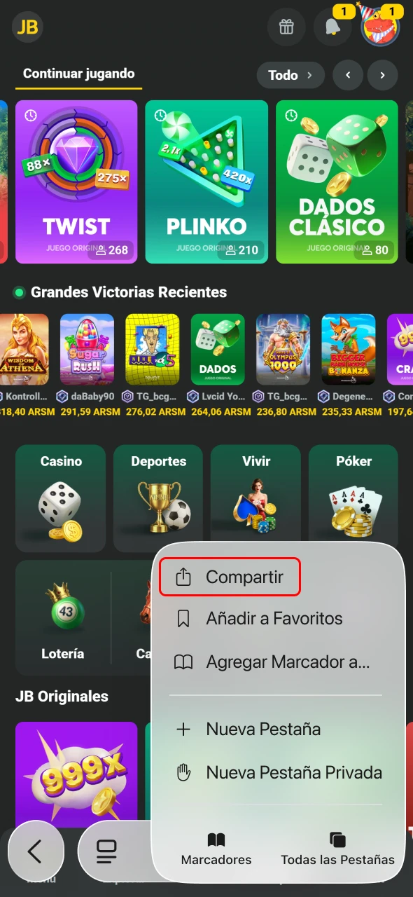 JB recomienda tocar Compartir en Safari para avanzar.