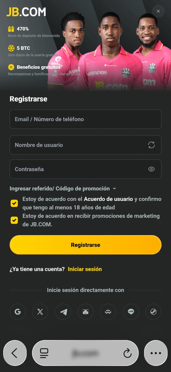 JB en Costa Rica solicita registrar la cuenta antes de usar la PWA.