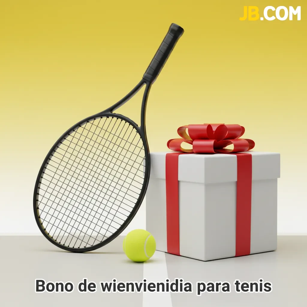 Banner de bono de bienvenida para tenis con raqueta y pelota: oferta para cuentas nuevas con primer depósito y términos.