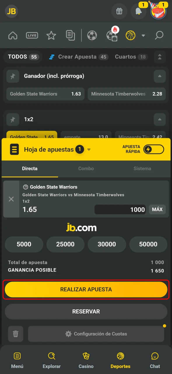 JB permite aplicar bono si corresponde y confirmar apuesta.