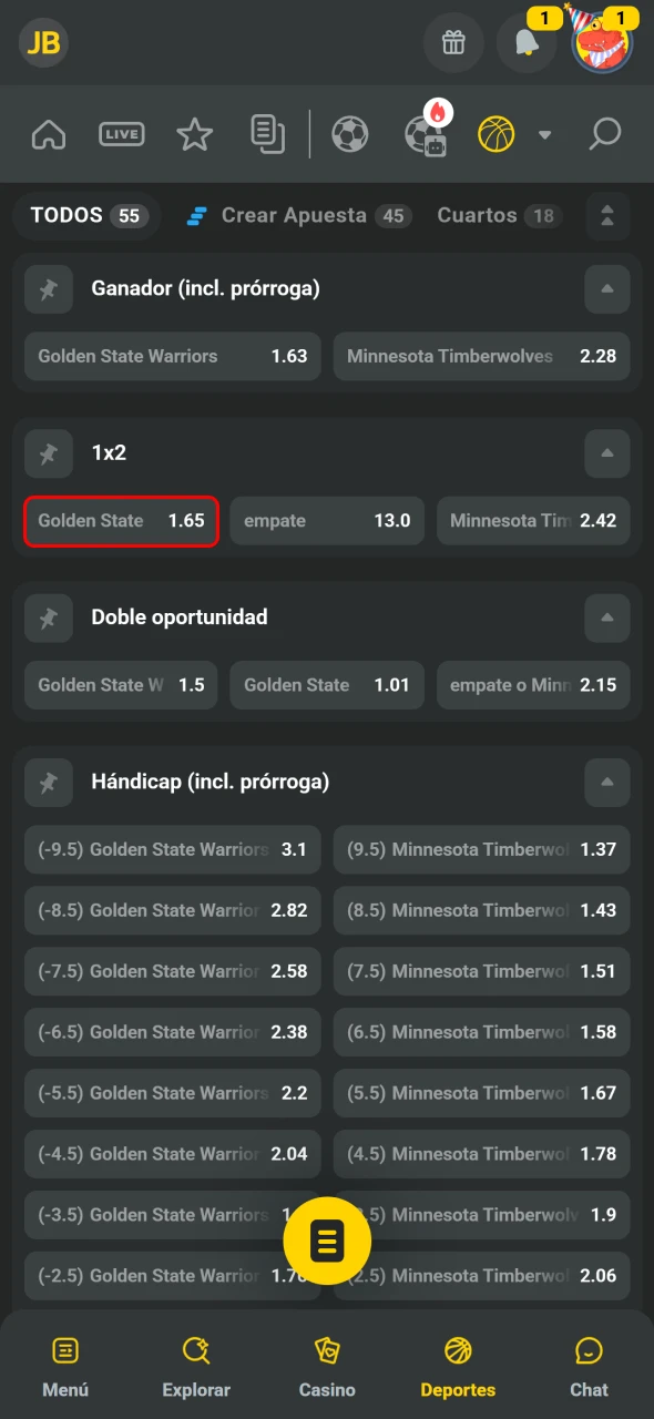 JB añade mercados al cupón al tocar la cuota deseada.