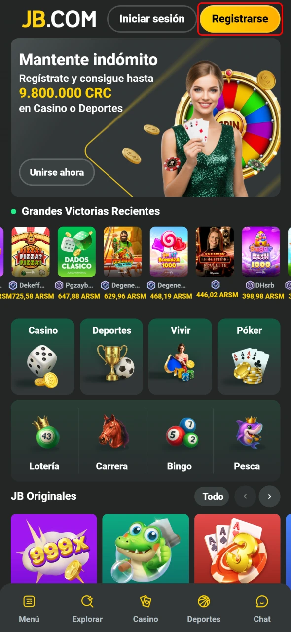 JB permite tocar Registrarte para iniciar el proceso.