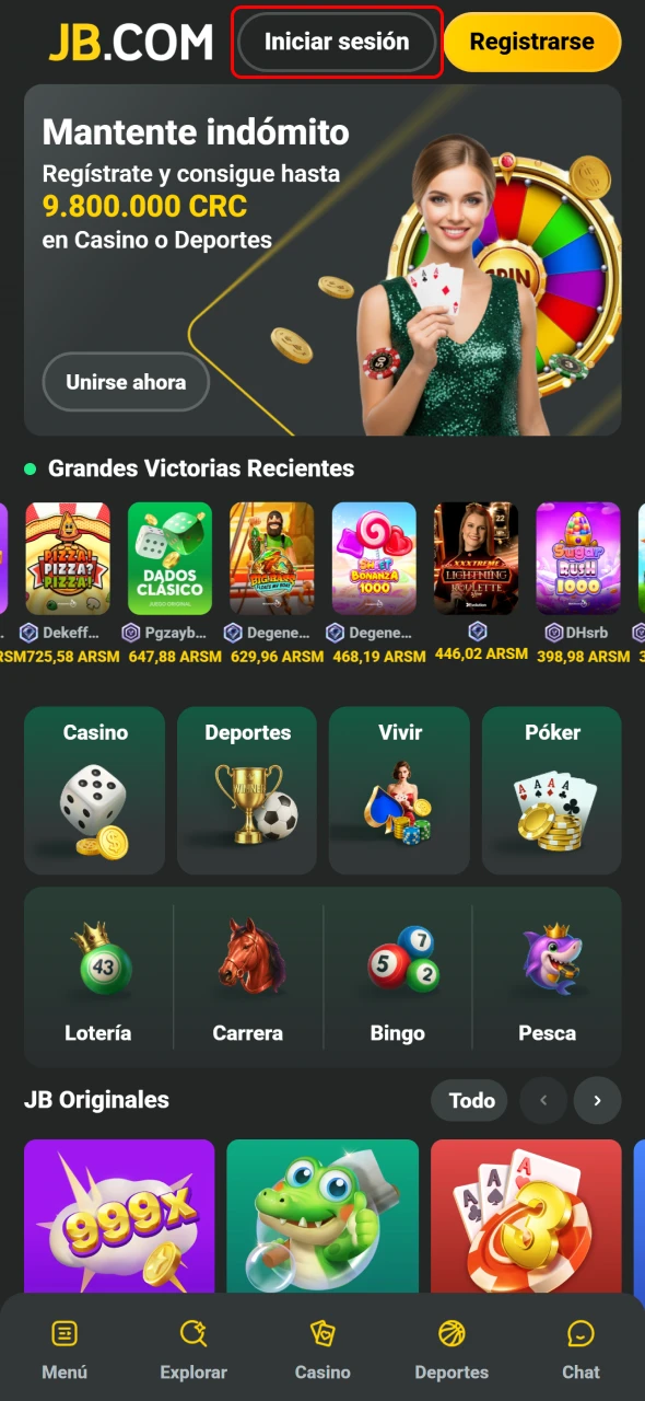 JB en Costa Rica permite tocar Iniciar sesión desde la app.