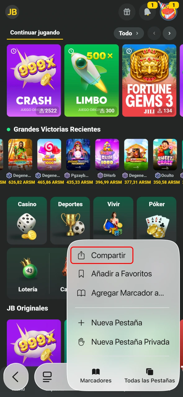 JB recomienda tocar Compartir en Safari para avanzar.