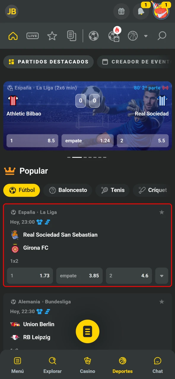 JB muestra eventos con cuotas actualizadas y mercados listos.