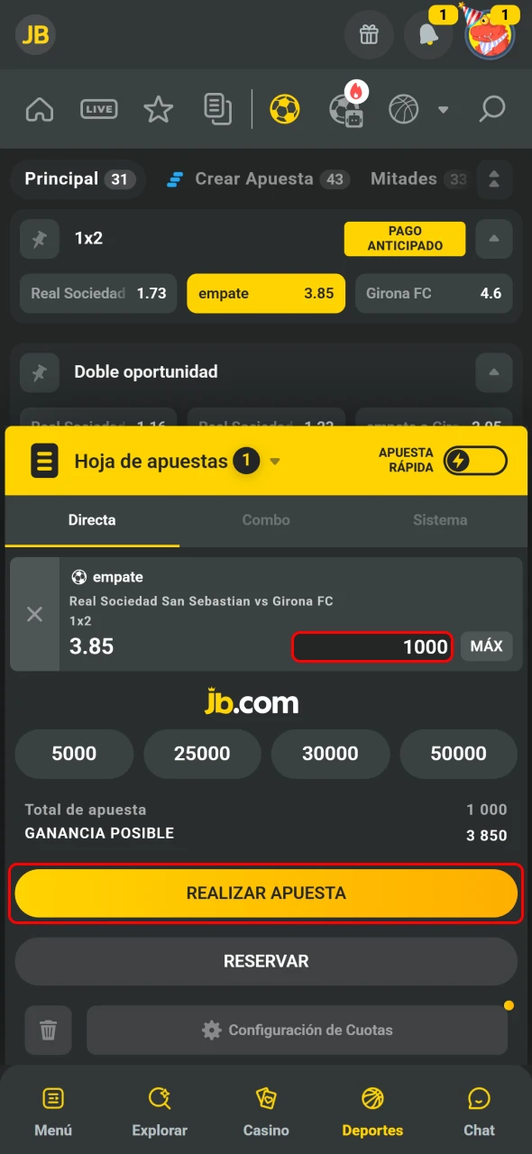 JB para apostadores ticos deja indicar monto y confirmar apuesta.