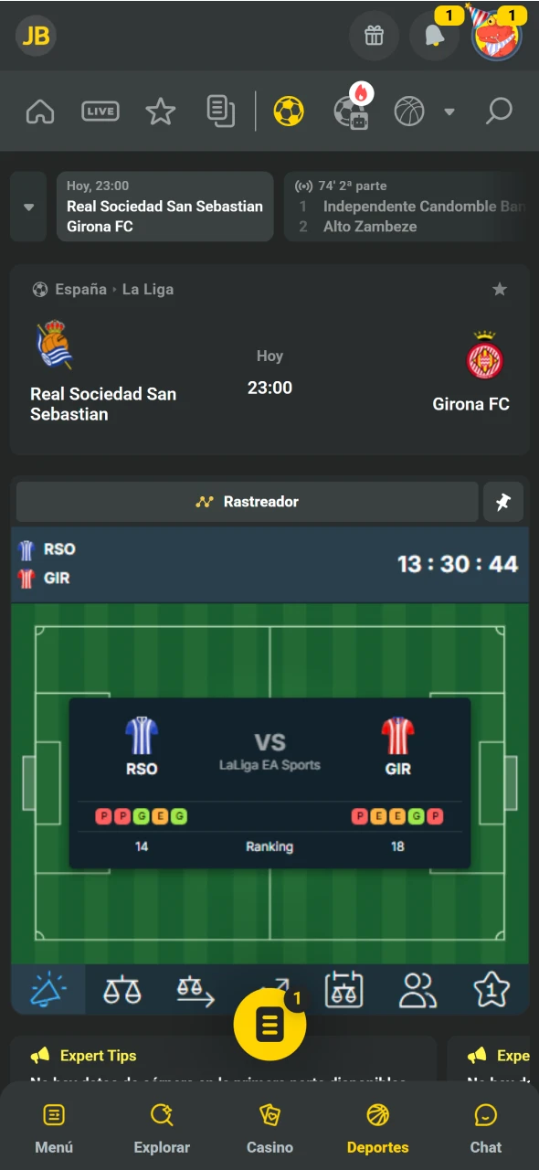 JB ofrece seguimiento en vivo y opción rápida de cashout.